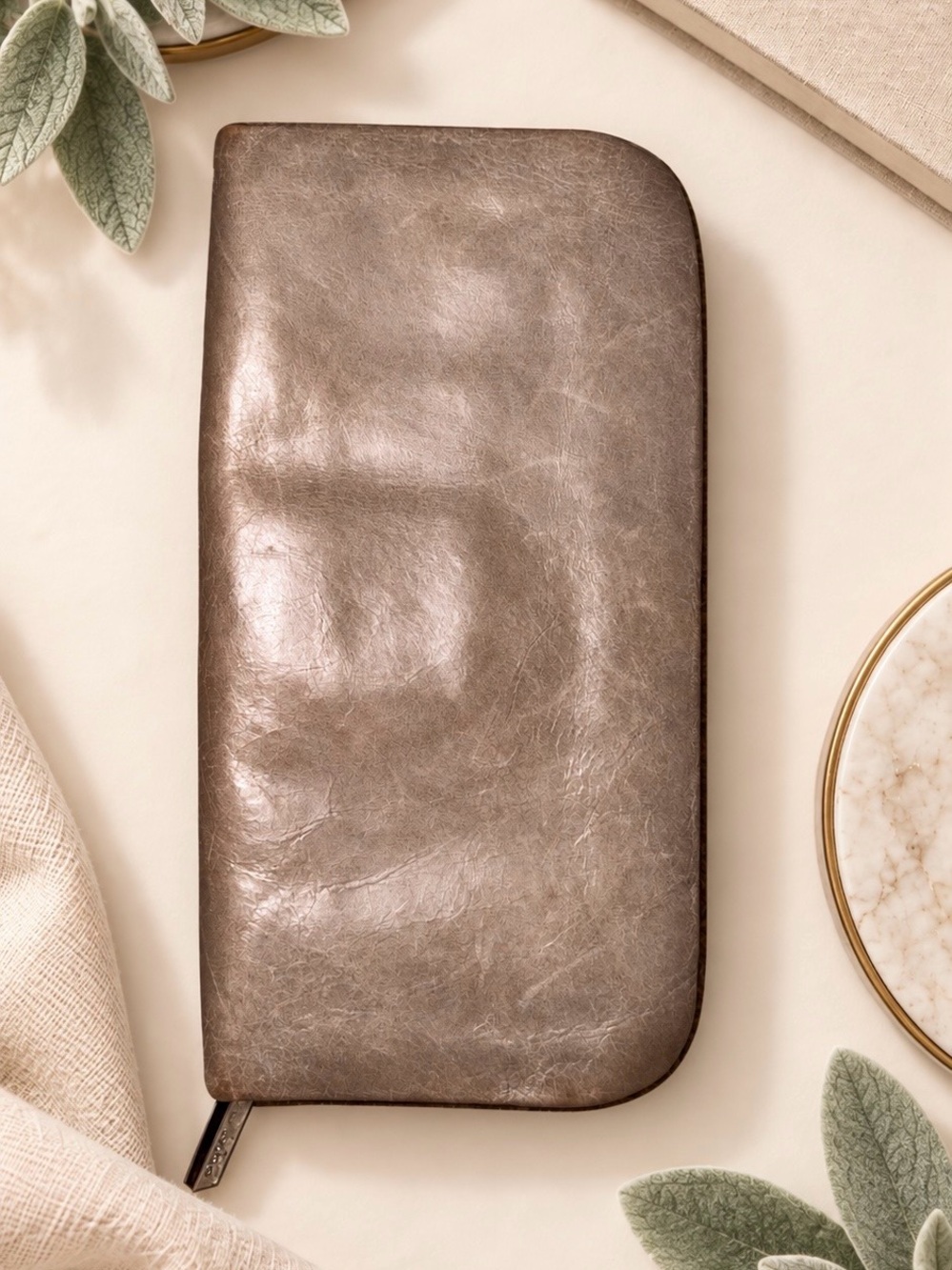 HOBO Taupe Leather Zip Around Wallet | Orange Print Interior